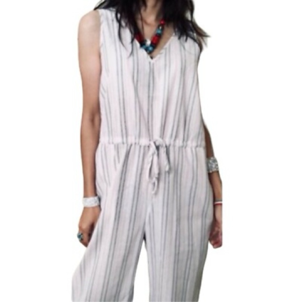 DREW Womens Med Pinstriped Cotton Jumper  Drawstring Waist Sleeveless V Neckline